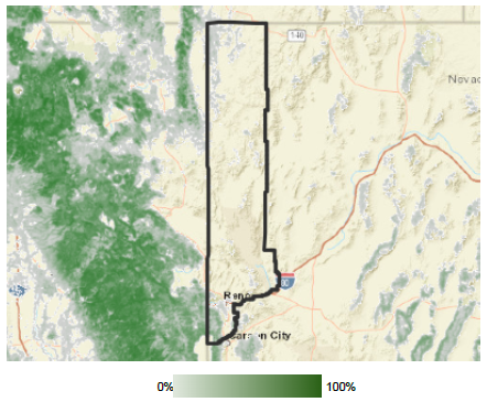 Map of Reno's tree cover, mostly concentrated in the southwest of the County